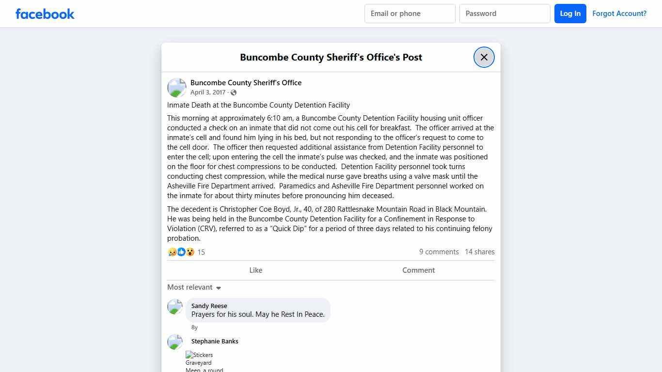 Inmate Death at the... - Buncombe County Sheriff's Office Facebook